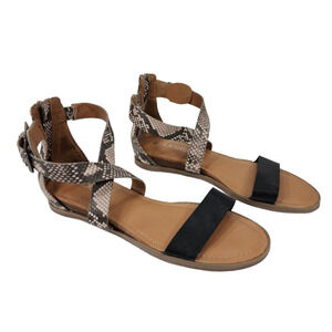 Dolcetta Sandals sz 8.5 Women Strappy Snake Skin Black Brown Buckles‎ Flat Comfy